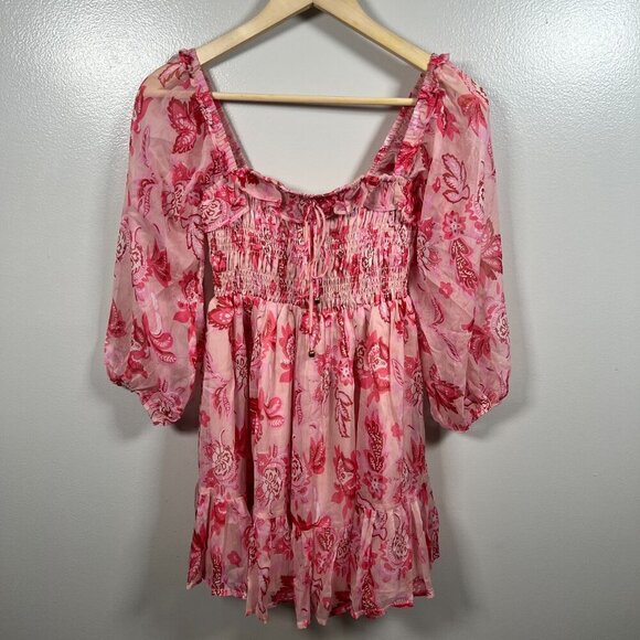 Hello Molly Aura Check Mini Dress Size US 2 Pink Floral Babydoll Chiffon - Picture 2 of 13